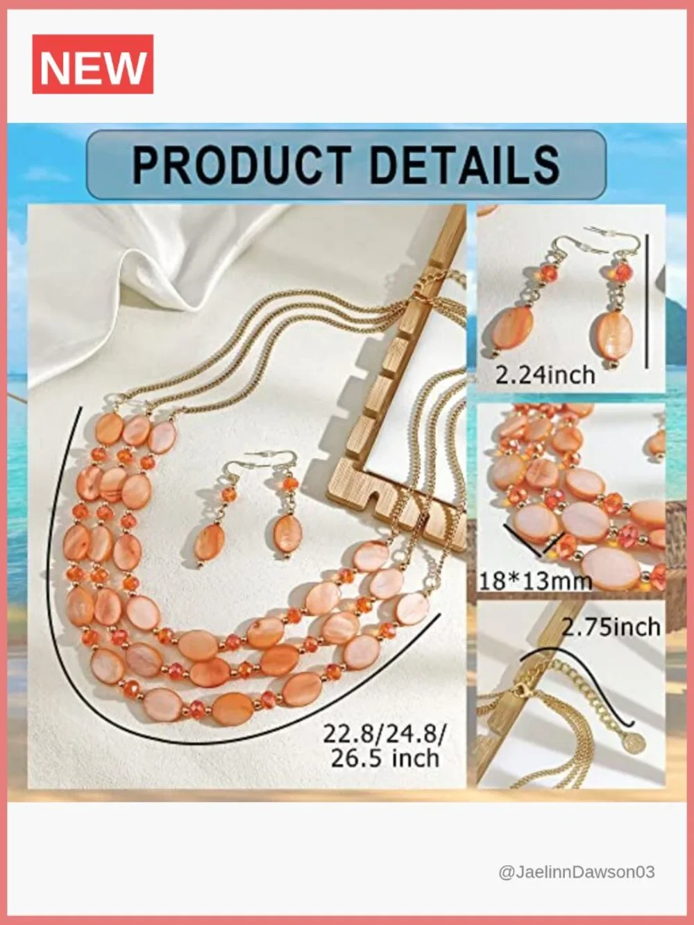 3-Layer Mother of Pearl Bead Necklace with Earrings Oval Beads Pendant Jewelry